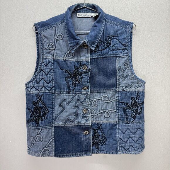Dressbarn Denim Quilted Patchwork Vest Womens XL Embroidered Grandmacore Cottage - Picture 2 of 10